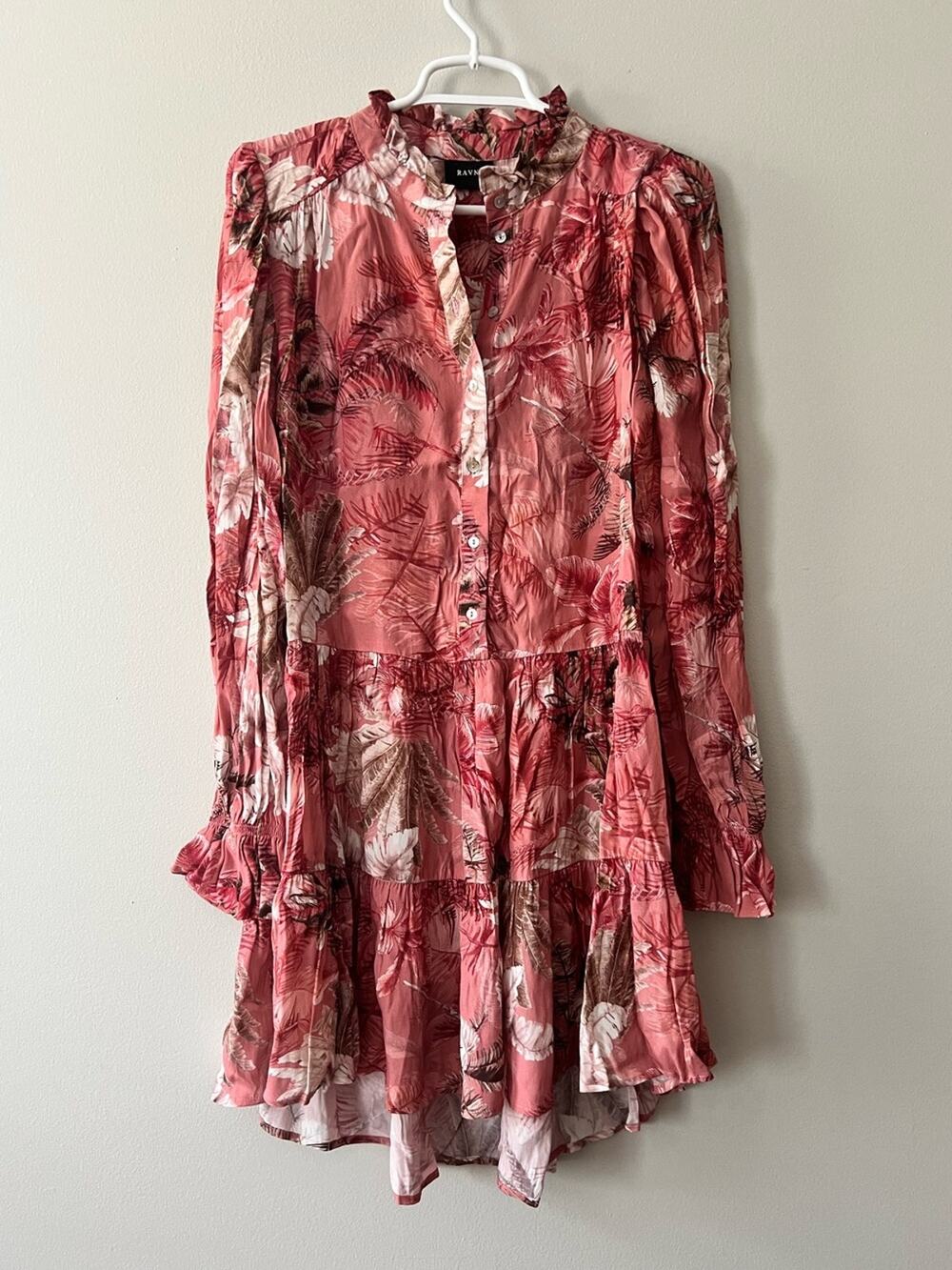 RAVN Willa Pink Tiered Ruffle Dress - Pink Tree Print Size XS